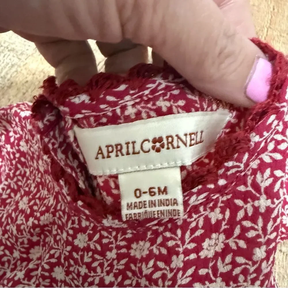 April Cornell Dress Red cream Floral Romantic 0-6 M Cottagecore Party Easter